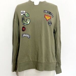 HYBRID Apparel graphic (looks like patches) print split neck sweatshirt. Green L